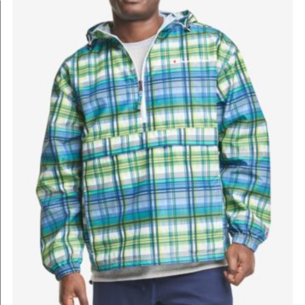 🎉HP🎉Champion Men's Green/Blue Packable Printed 1/4-Zip Hooded Windbreaker